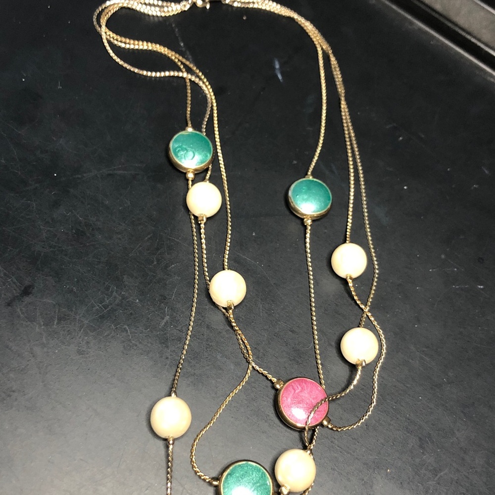 Gold-Tone Multi-Color Bead Necklace - Green, Pink & Cream